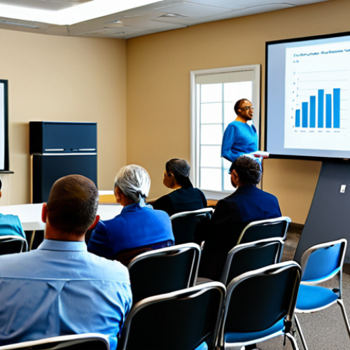 A diverse group of adults, fully clothed in modest professional attire, actively participating in a health and wellness educational seminar. One adult is attentively listening to a professional health educator, who is presenting information on a large, abstract, and non-explicit visual aid screen. The setting is a bright, modern, and spacious community hall with comfortable seating. The atmosphere is educational, calm, and encouraging. This image is safe for work, appropriate content, fully clothed, professional. It features perfect anatomy, correct proportions, a natural pose, well-formed hands, proper finger count, natural body proportions, and is rendered with professional photography quality, high quality.