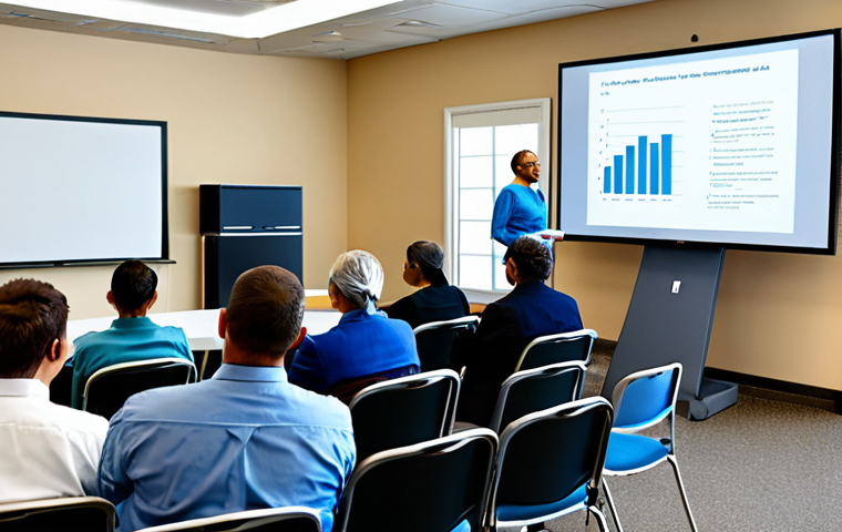 A diverse group of adults, fully clothed in modest professional attire, actively participating in a health and wellness educational seminar. One adult is attentively listening to a professional health educator, who is presenting information on a large, abstract, and non-explicit visual aid screen. The setting is a bright, modern, and spacious community hall with comfortable seating. The atmosphere is educational, calm, and encouraging. This image is safe for work, appropriate content, fully clothed, professional. It features perfect anatomy, correct proportions, a natural pose, well-formed hands, proper finger count, natural body proportions, and is rendered with professional photography quality, high quality.