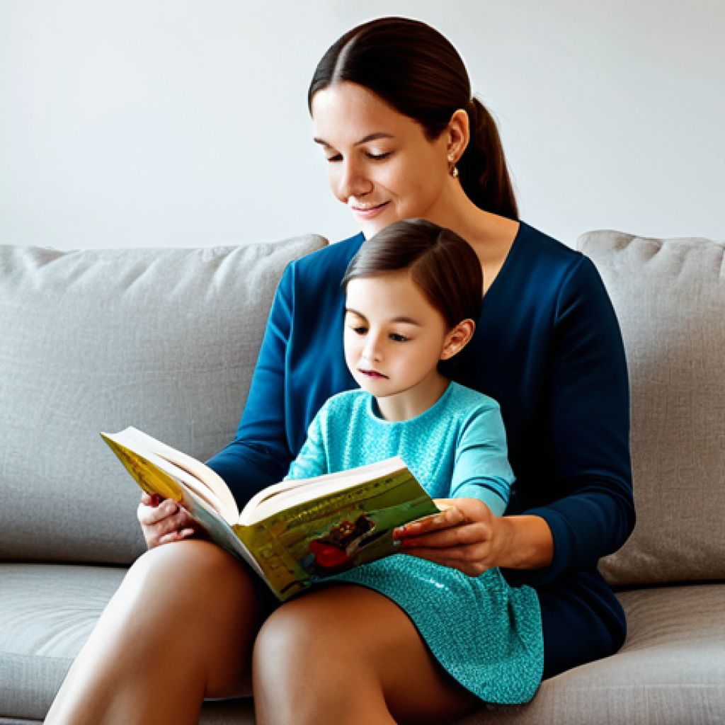**
"A mother reading a children's book about bodies to her young child, sitting together on a couch in a brightly lit living room, fully clothed, modest attire, appropriate content, safe for work, family-friendly, perfect anatomy, natural proportions, well-formed hands, proper finger count, professional illustration, high quality."
**