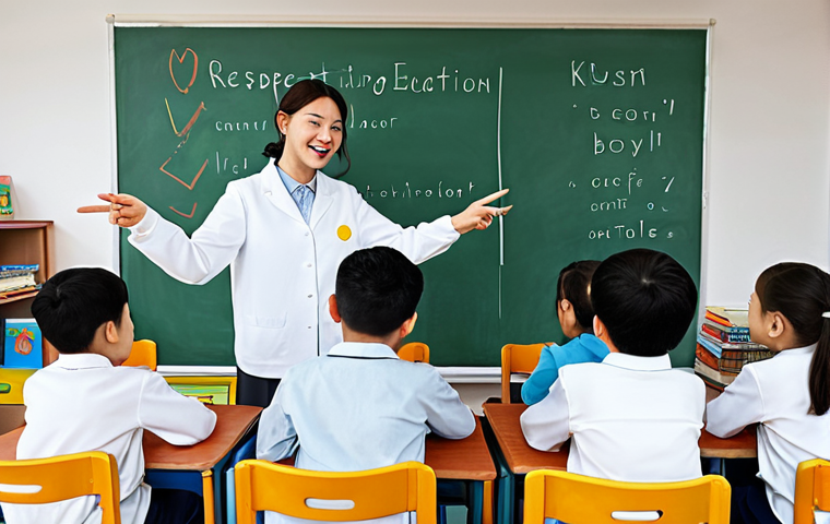 Family-Friendly 성교육 (Sex Education)**
A brightly lit and welcoming classroom setting. A diverse group of fully clothed children of various ages are attentively listening to a female teacher who is pointing to an age-appropriate diagram of the human body. The teacher is wearing modest clothing, and the atmosphere is positive and encouraging. Books with titles like "Understanding Our Bodies" and "Respecting Each Other" are visible. Safe for work, appropriate content, professional illustration style, perfect anatomy, correct proportions, natural expressions, educational, family-friendly.
**