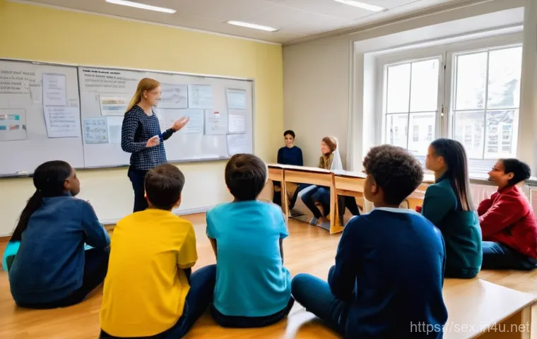 성교육과 세계 각국 성교육 제도 - **A comprehensive sex education classroom in a Nordic country.**
    A bright, modern classroom fill...