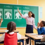 Home 20 성교육과 성적 자기결정권 - A group of diverse children, aged 8-12, in a brightly lit, modern classroom. A kind female teacher, ...