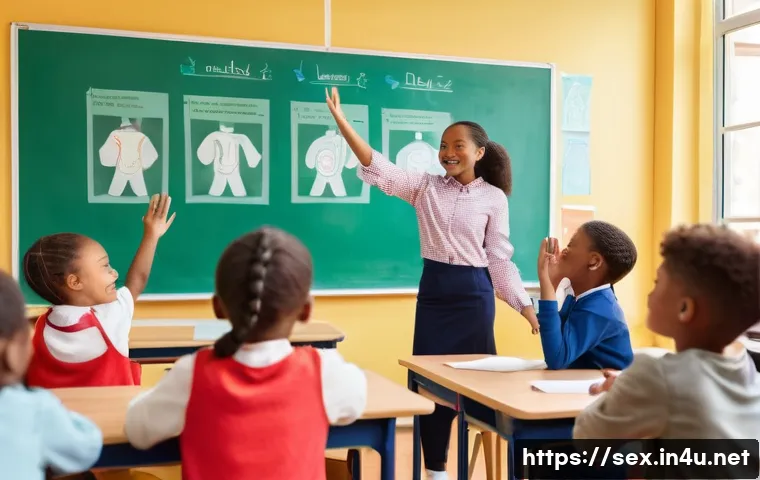 성교육과 성적 자기결정권 - A group of diverse children, aged 8-12, in a brightly lit, modern classroom. A kind female teacher, ...