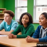 Home 19 성교육과 성적 욕구 조절 - A warm, inviting classroom setting where a diverse group of teenagers, wearing casual modern clothin...