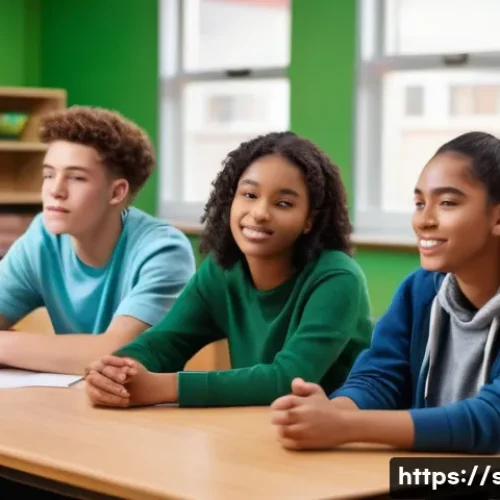 Home 31 성교육과 성적 욕구 조절 - A warm, inviting classroom setting where a diverse group of teenagers, wearing casual modern clothin...