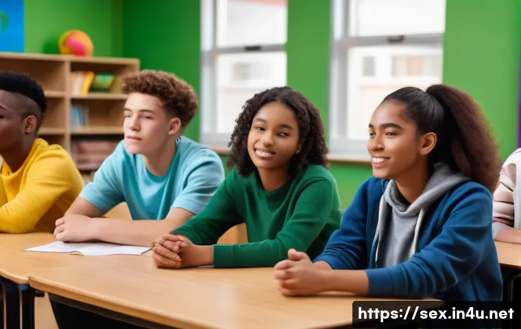 성교육과 성적 욕구 조절 - A warm, inviting classroom setting where a diverse group of teenagers, wearing casual modern clothin...