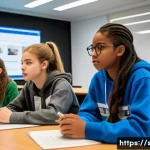Home 18 성교육과 대중문화 속 성 - A diverse group of teenagers sitting in a modern classroom engaged in an interactive workshop about ...