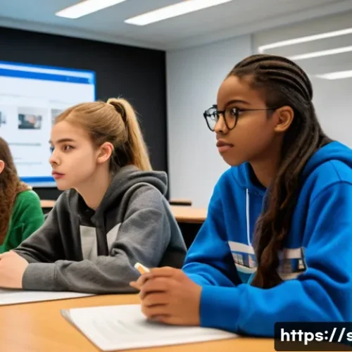 Home 30 성교육과 대중문화 속 성 - A diverse group of teenagers sitting in a modern classroom engaged in an interactive workshop about ...