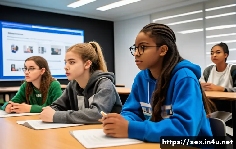 성교육과 대중문화 속 성 - A diverse group of teenagers sitting in a modern classroom engaged in an interactive workshop about ...